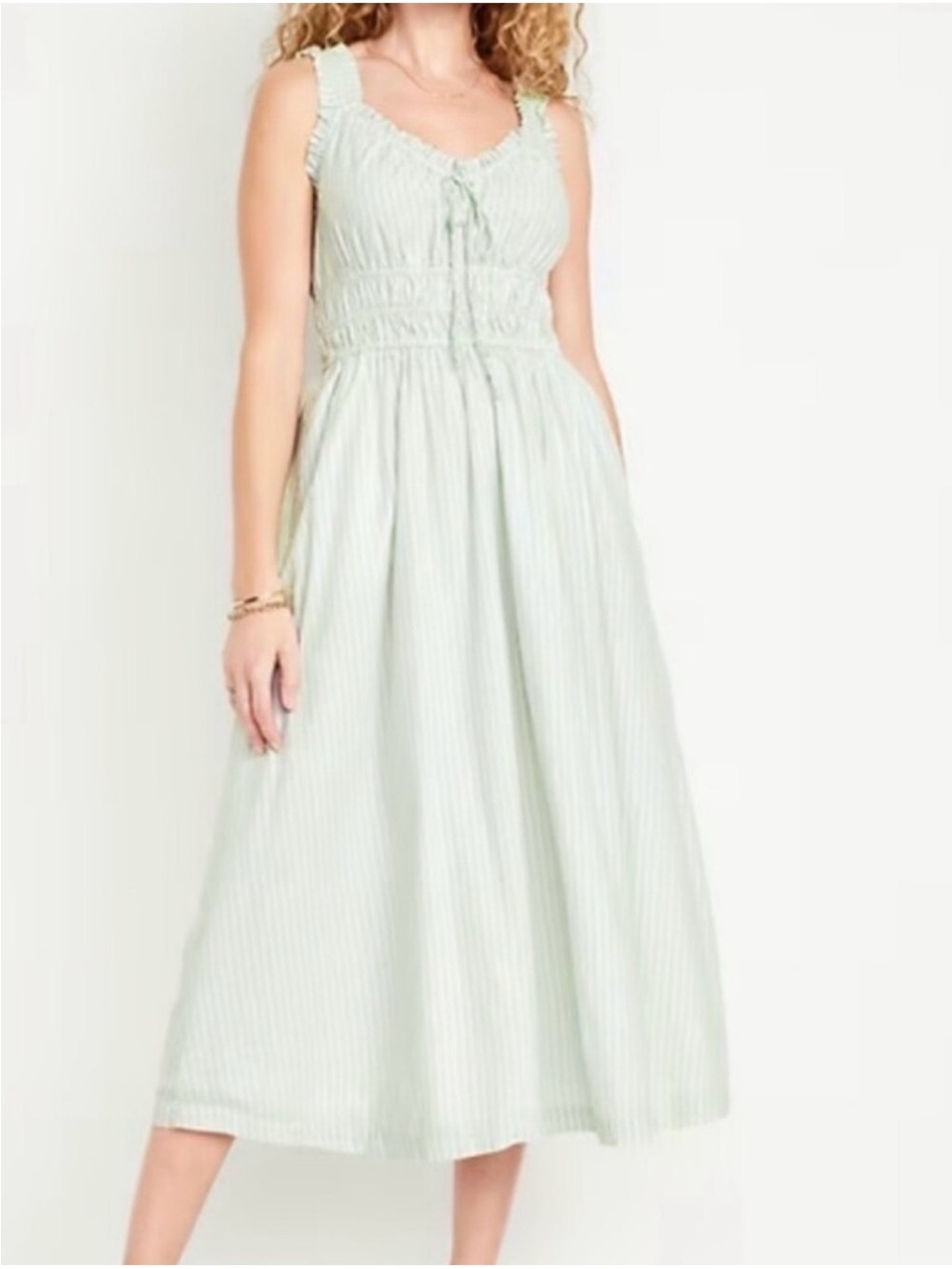 Old Navy 100% Cotton Light Green Striped Smocked Midi Dress